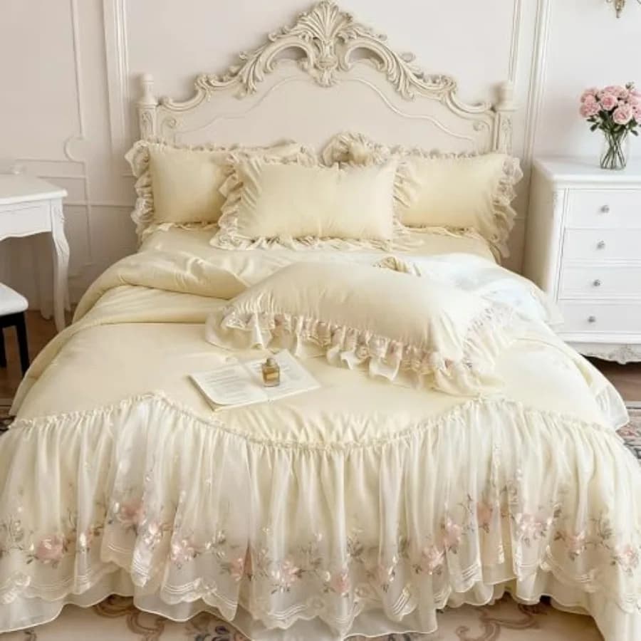 Set di Biancheria da Letto in Stile Francese 4 Pezzi - Copripiumino in Cotone Lavato con Bordo in Pizzo Romantico, con Copriletto e Federe per Letto Queen, P