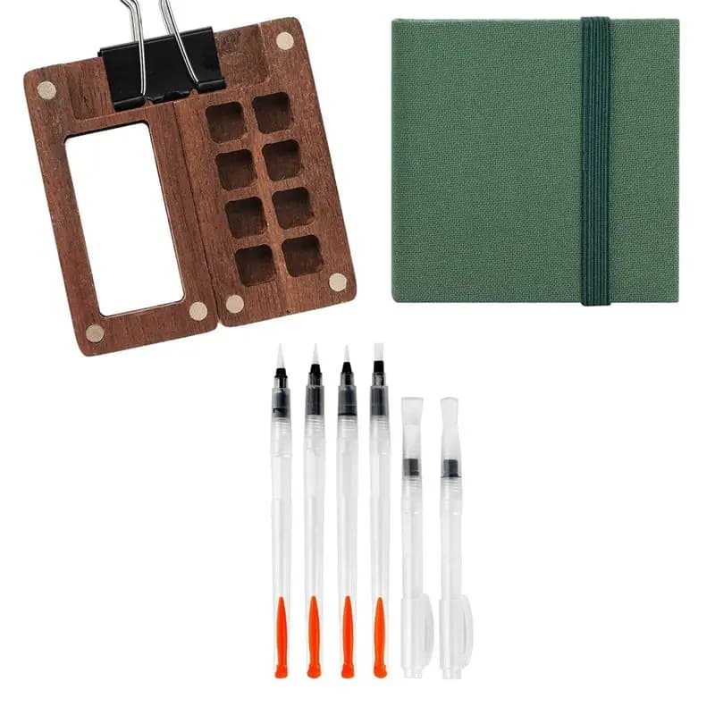 A24F-Mini Watercolor Paint Set - Portable Travel Kit With Wooden Palette, Sketchbook, Brushes, And Clips For Artists Painters
