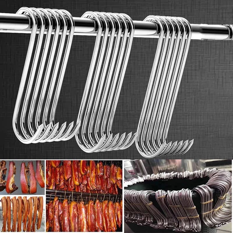 Stainless steel S hooks with sharp tip, meat coat hooks, butcher hooks, kitchen, oven tools