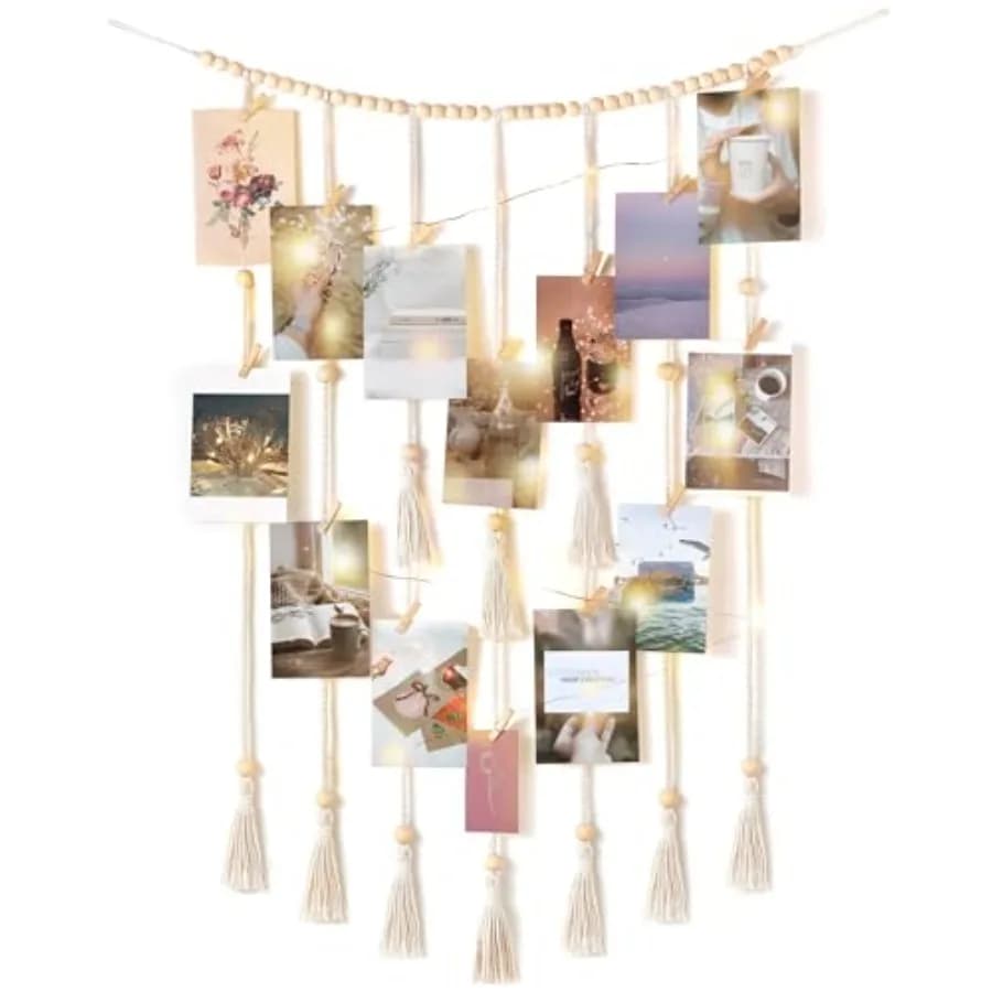 Macrame Hanging Photo Display Wall Decor with String Lights Boho Room Bedroom Wooden Beads Garland Picture Greeting Cards Holde