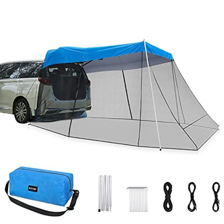 Outdoor camping car awning sun shelter with mosquito net, portable SUV tent tailgate shade canopy in blue for travel
