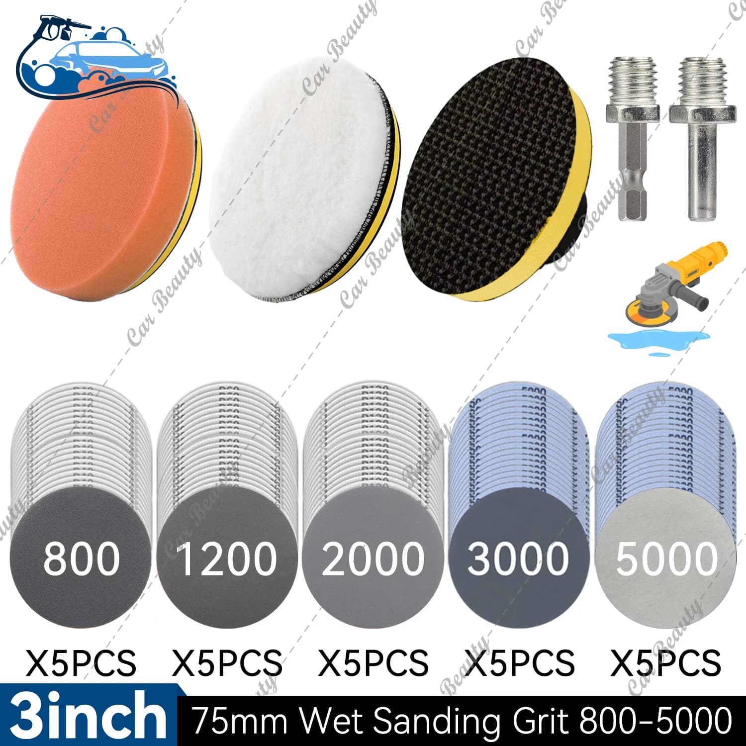 Wool sponge kit for cleaning car details, wax, wet sandpaper disc support, for restoration headlights, polishing, sanding