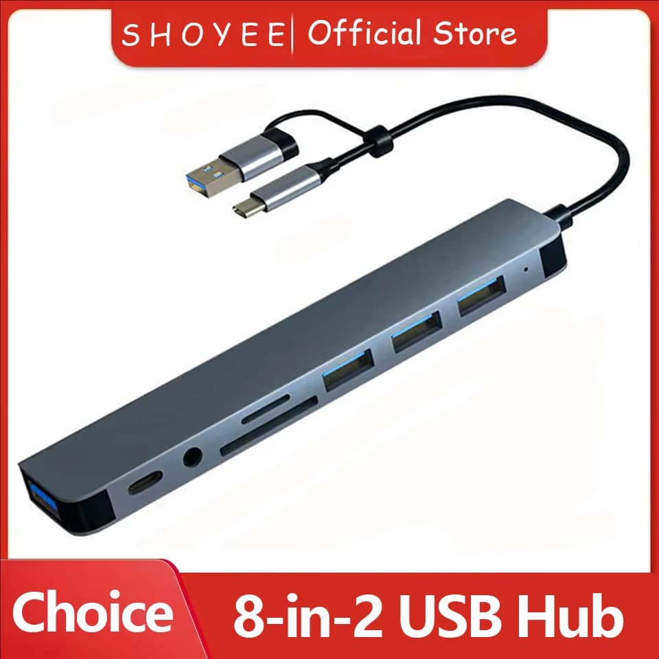 HUB USB 8 in 2 con lettore di schede splitter, porta USB C, USB 3.0 / 2.0, lettore di schede splitter SD/TF, docking station