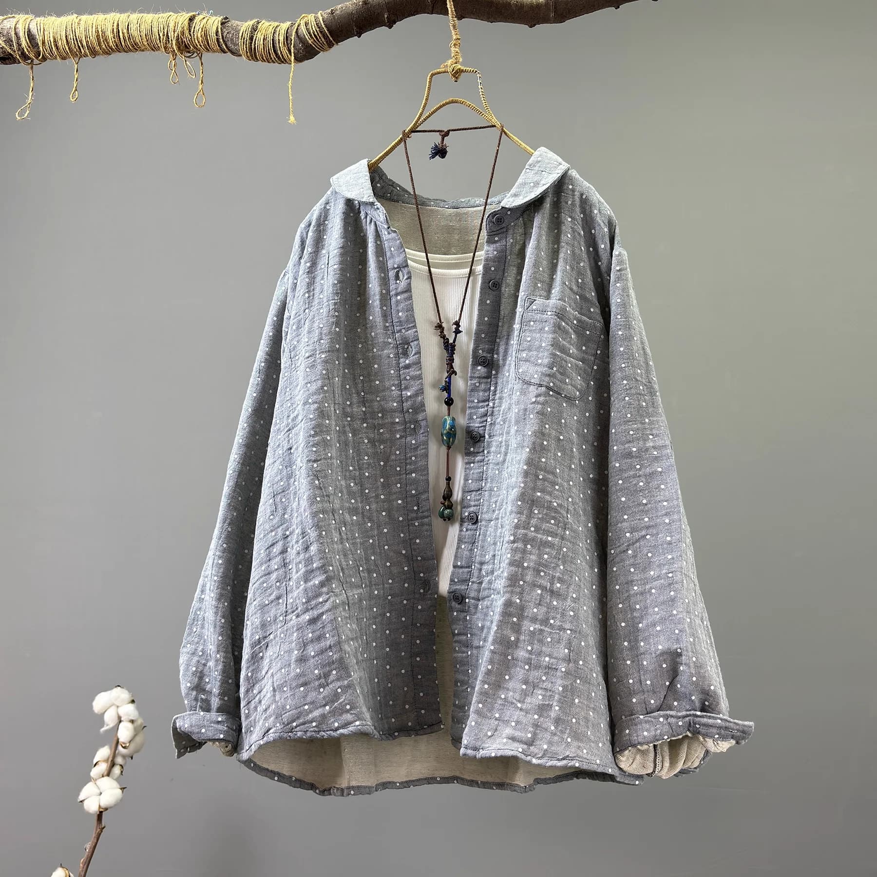 Busto 118 cm camicie a pois taglie forti per donna autunno 100% filato di cotone morbido camicette a maniche lunghe calde capispalla monopetto