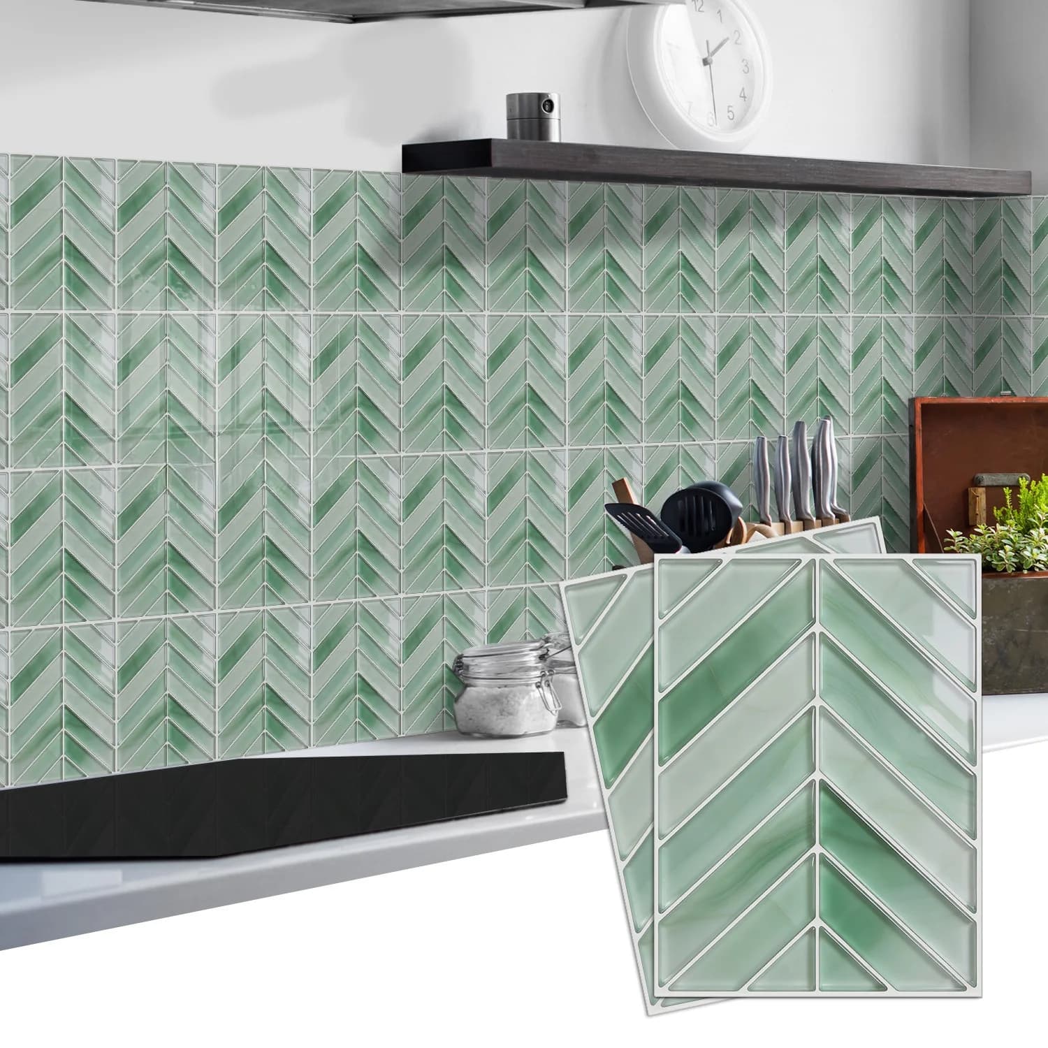 PE Foam Wall Decals Green V Shape Design Thickened Material Waterproof Oil Proof for Kitchen Bathroom 10 Pieces