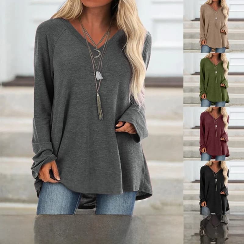 Women's Casual V-Neck Long Sleeve T-Shirt Mid-Length Oversized Comfortable Cotton Blend Breathable Pure Color City Walk T-Shirt