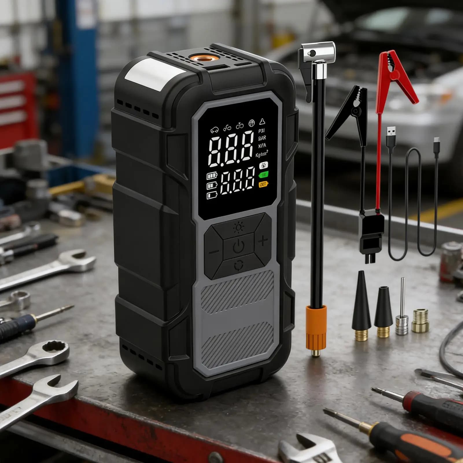 Avviatore di Emergenza per Auto con Compressore d'Aria, Ricarica Rapida, Power Bank per Batteria Auto con Compressore d'Aria