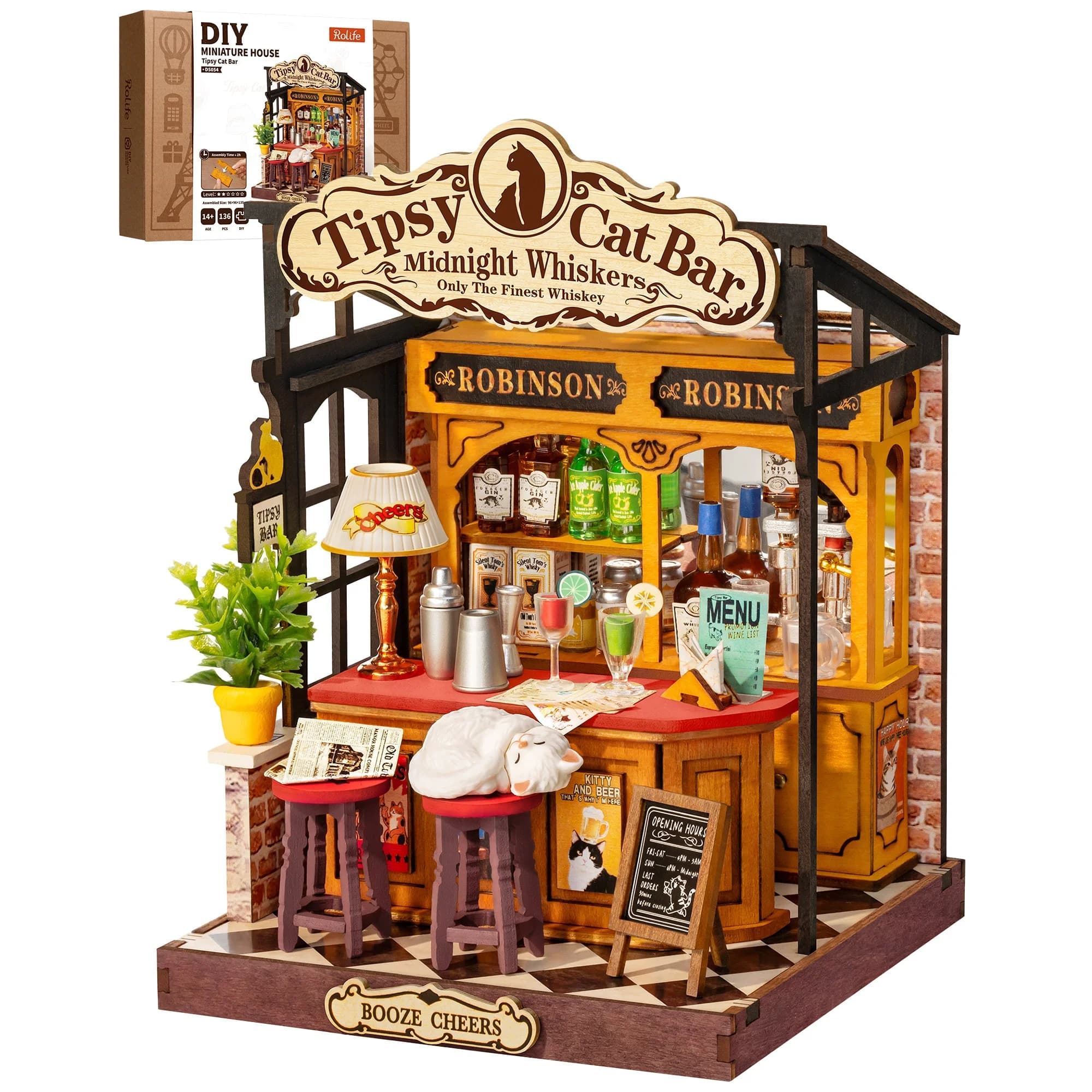 Home Kit in Miniature Fai-da-Te Rolife, Model Cat Bar Tipsy, Construction Kit Wood Doll House, 3D Puzzle with LED Light for Home Decoration, Adult Gift, Children and Friends