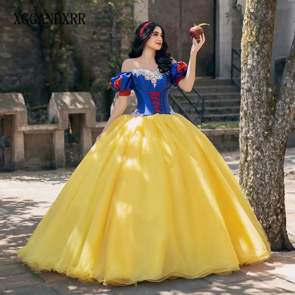 Abiti Quinceanera principessa gialla personalizzati 2026 Abito da ballo con perline a cuore Abito dolce 16 Abiti da 15 Anos Biancaneve