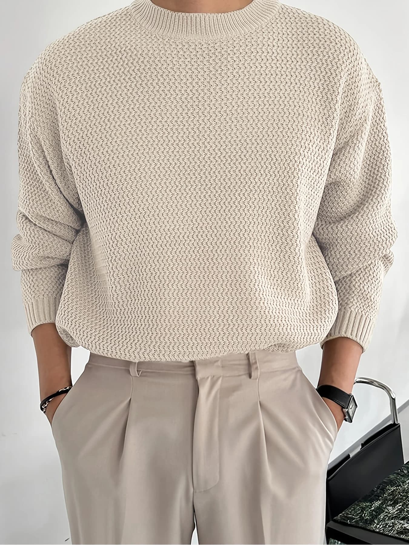 Nuovo maglione da uomo lavorato a maglia, tinta unita, casual, scollo rotondo, pullover per primavera e autunno, abbigliamento sportivo a maniche lunghe, maglione da uomo