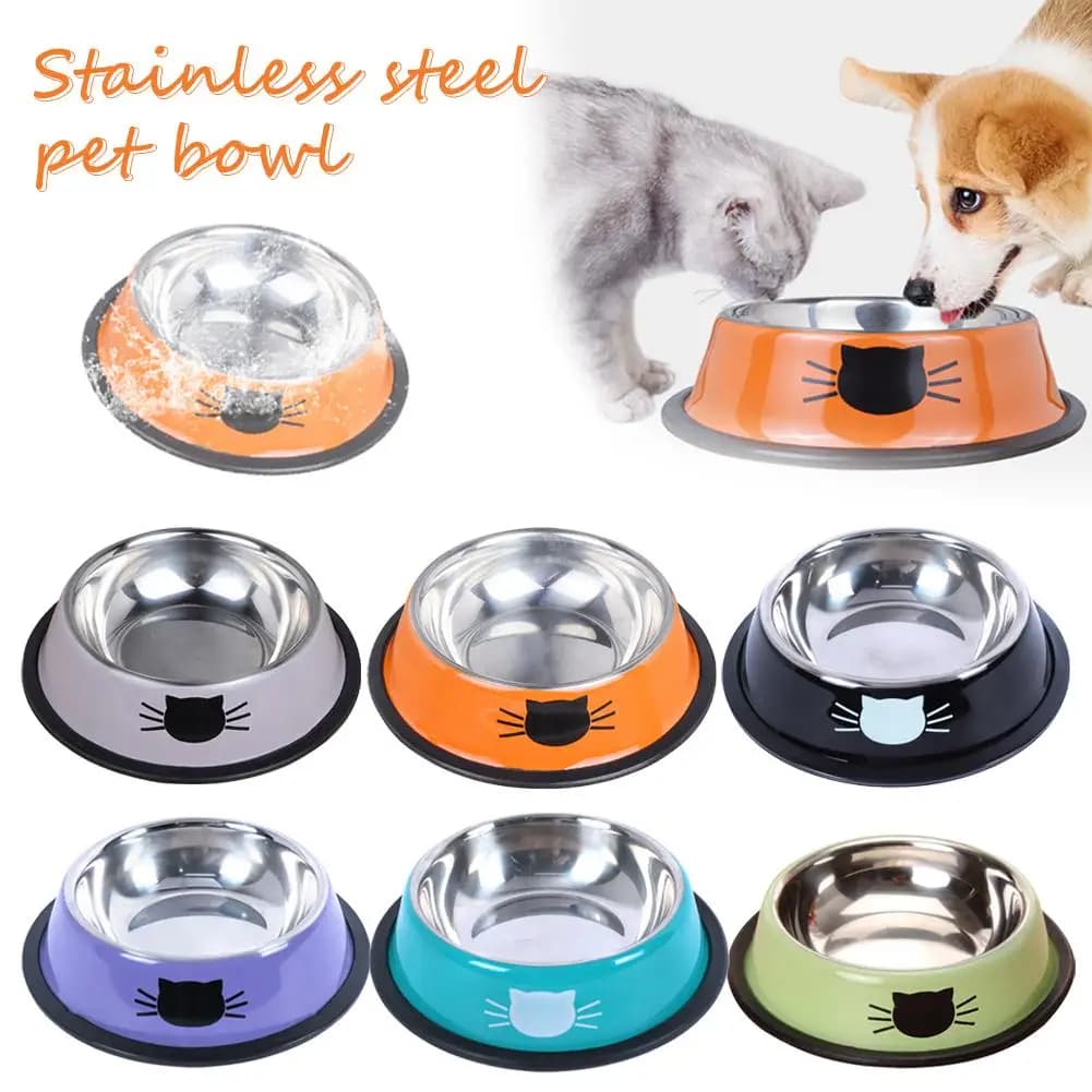 Stainless Steel Dog Cat Feeding Bowl, Anti-Skid Bottom Pet Water Dish with Cute Print, Anti-Tip Dog & Cat Food Water Bowl