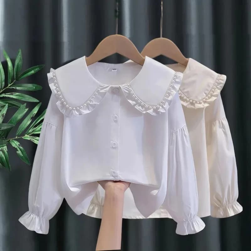 2025 Camicia a maniche lunghe con collo a bambola in puro cotone per ragazza nuova primavera e autunno Top bianco da prestazione per bambini