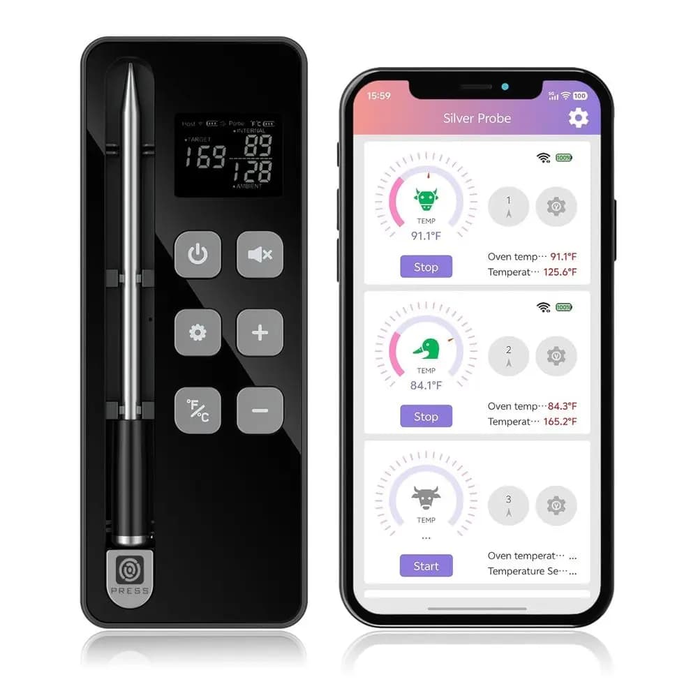Wireless Bluetooth Carne Thermometer with Base Display, Accuracy ±0.5 ° Precision, 1000 ° Heat Resistant Round, Long-Ray Signal for Barbecue, Grid