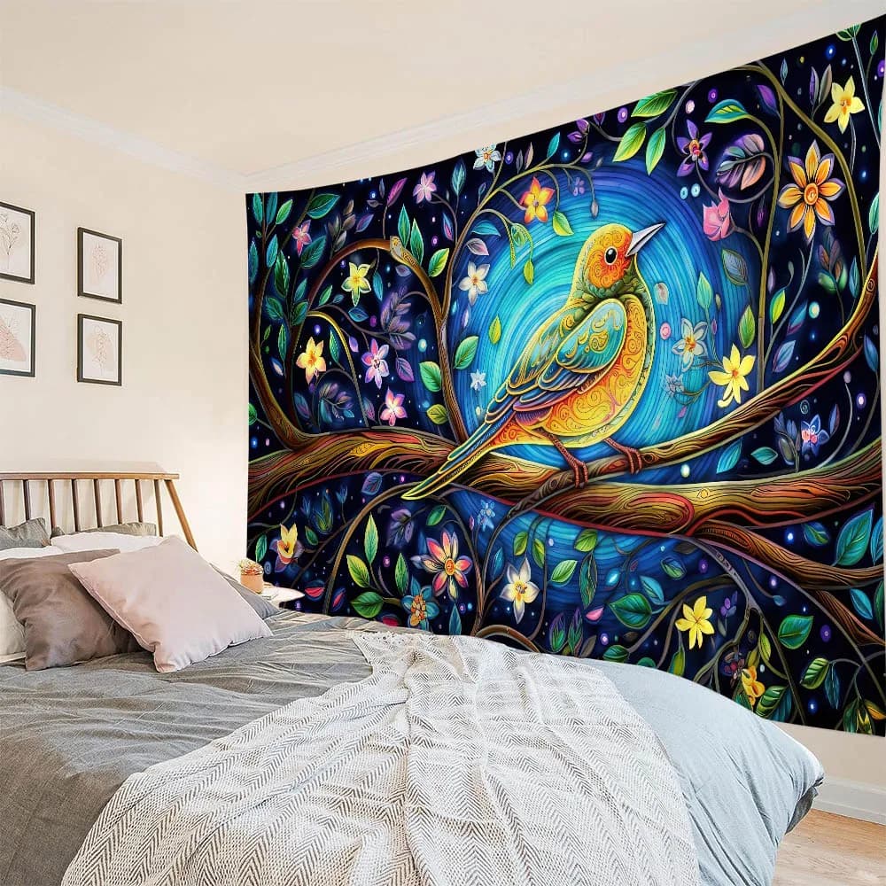 Beautiful printed tapestry with flowers and birds, artistic decoration for the house, background fabric, yoga sheets, picnic mats, beach towel
