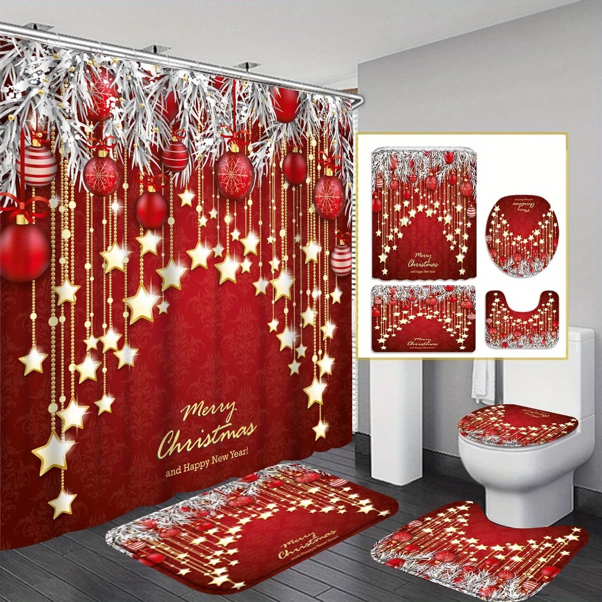 Set tenda da doccia stampata con motivo stella natalizia 4 pezzi, set da quattro pezzi per bagno con separazione asciutta e bagnata, tenda da doccia con