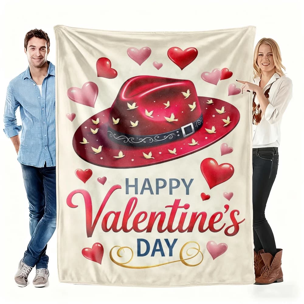 Coperta in flanella con cappello da cowboy rosso per San Valentino, coperta calda con motivo a cuore, regalo per San Valentino