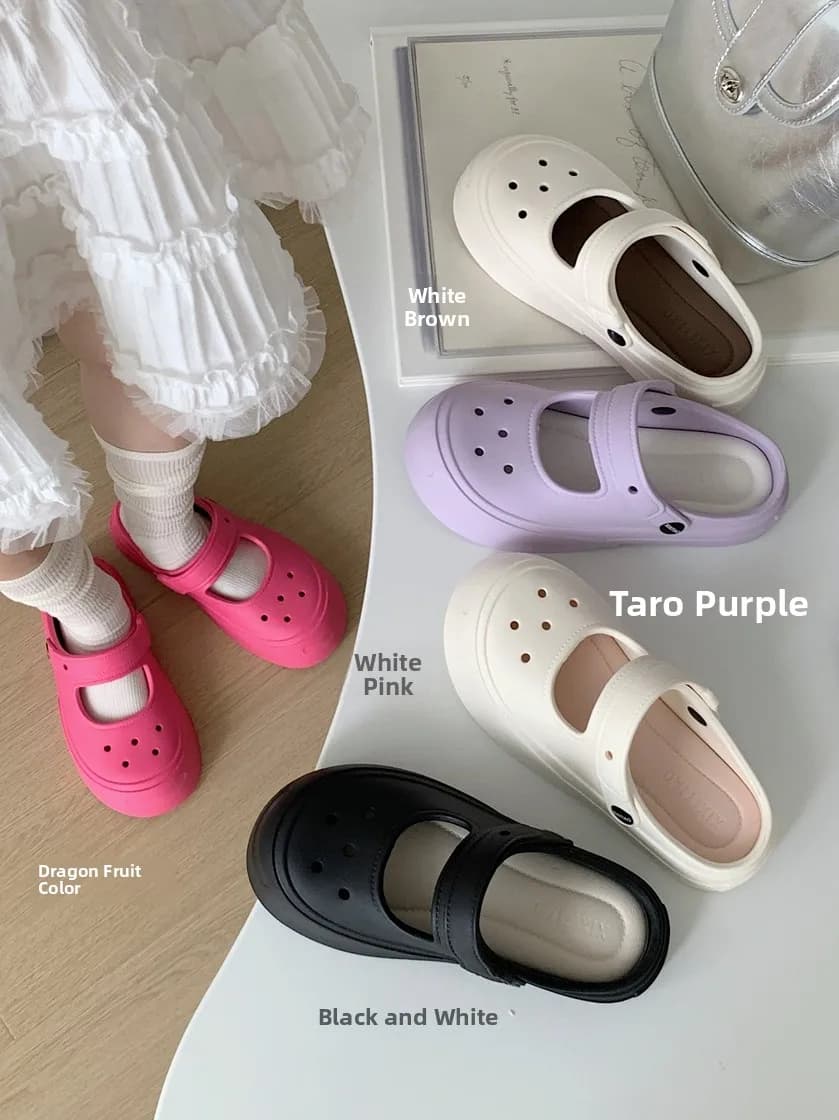 Korean Style Women's Summer Slip-On Mary Jane Sandals Anti-Slip Hollow out Fashionable Outdoor Slippers Flat Heel EVA