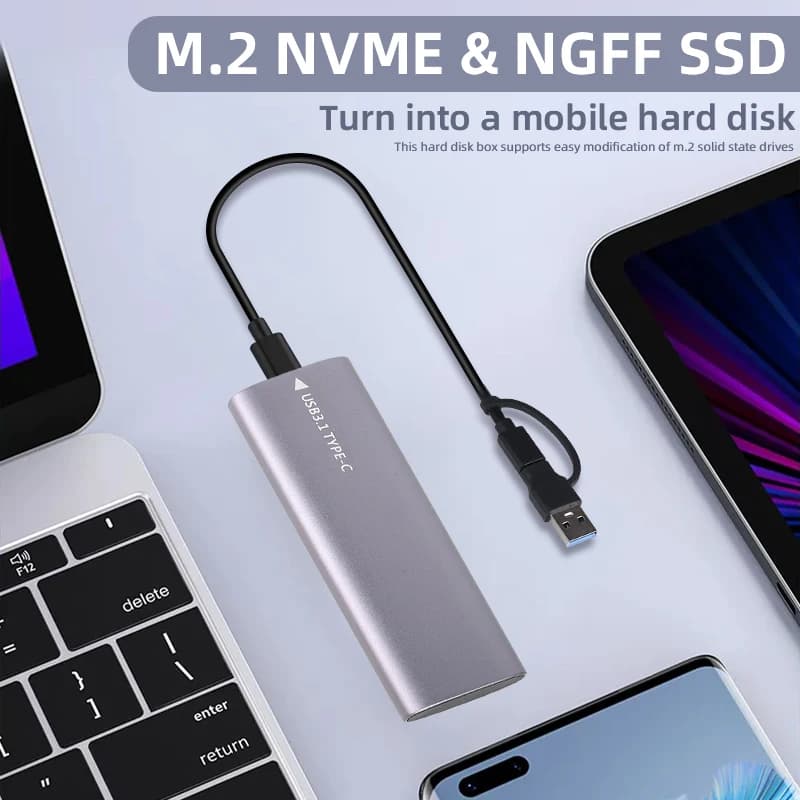 10Gbps M.2 NVMe SSD Case to USB 3.1 External Enclosure with Type-A to Type-C Cable for M.2 NGFF 2230/2242/2260/2280 HDD Box