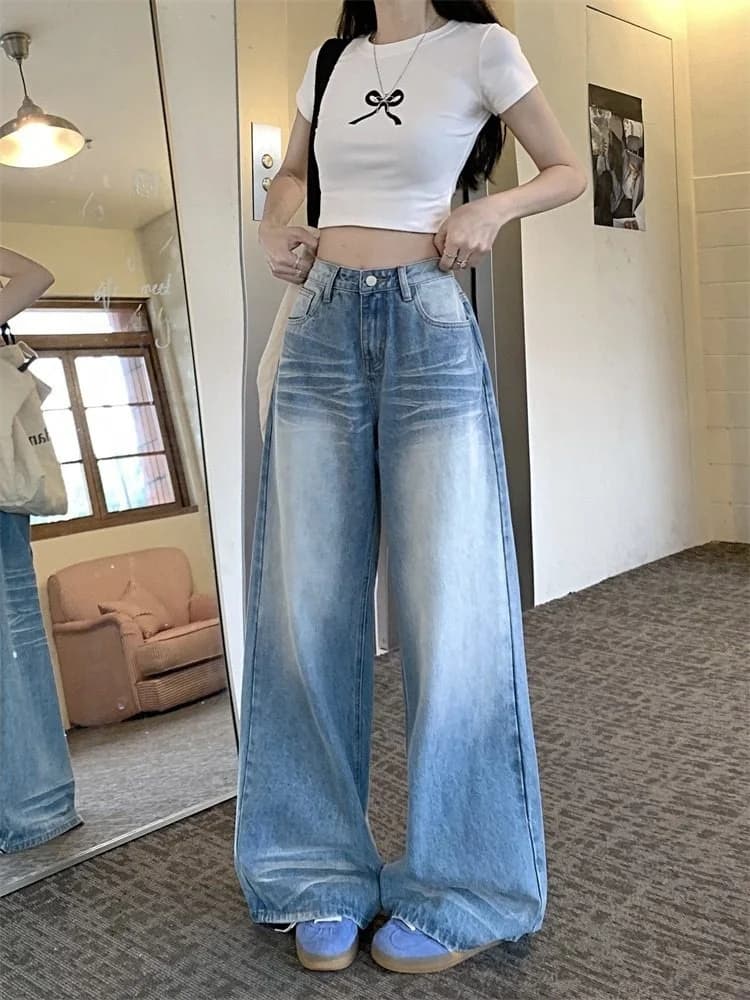 Retro Washed Casual Wide Leg Jeans Women's High Waist Loose Floor-Length Straight Tube Long Trousers Summer Blue Commute Style