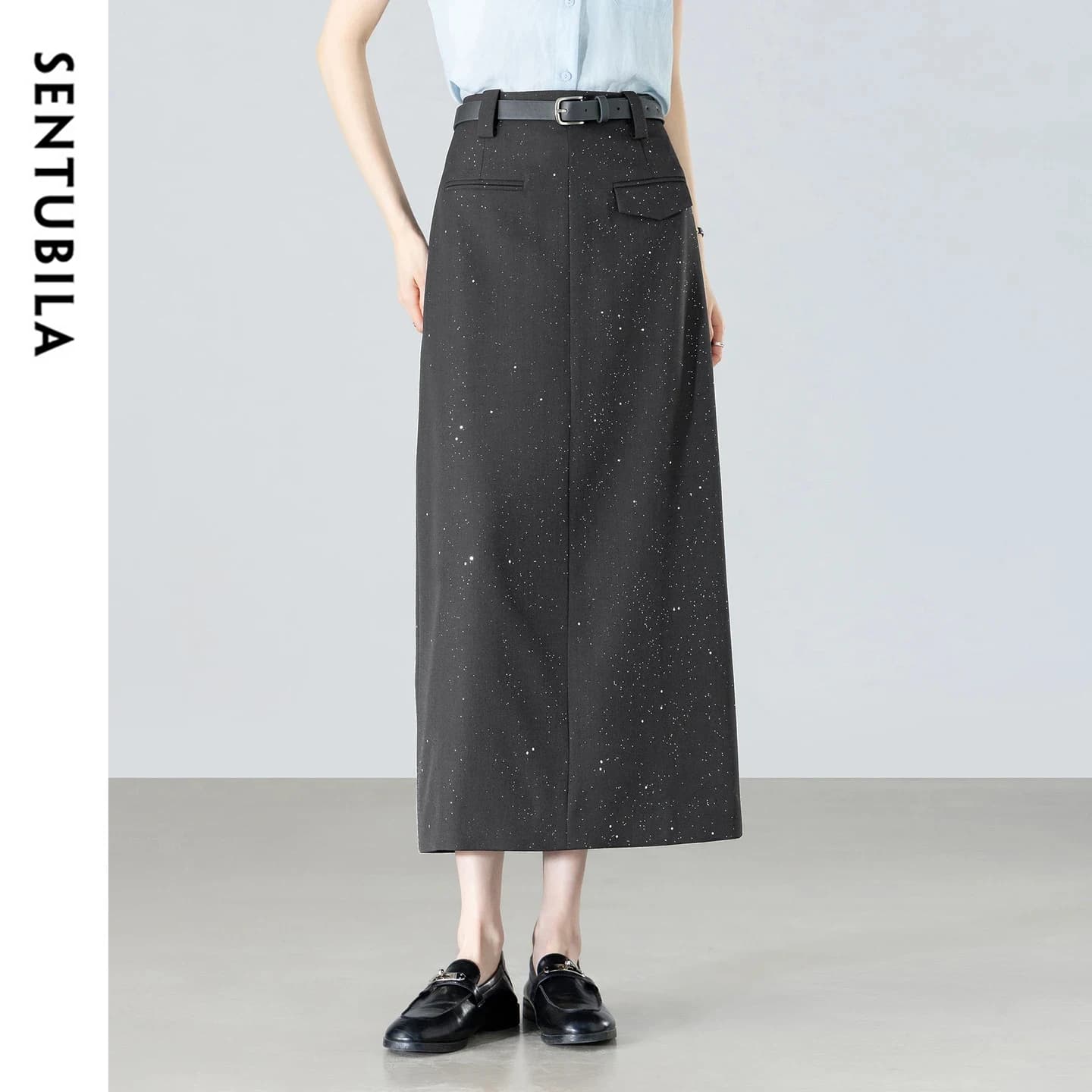SENTUBILA Back Slit Long Skirts for Women 2026 Summer Fashion Fake Pockets Removable Belt Silver Shiny Straight Skirt 162QF6699