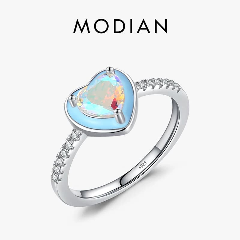 Modian autentico argento sterling 925 romantico smalto blu cuore anello arcobaleno colore zirconi gioielleria raffinata per le donne regalo di nozze