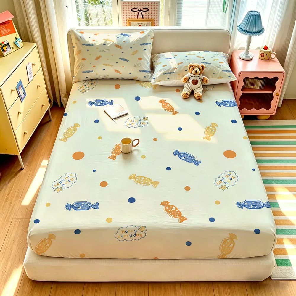 90G 3-Piece Bedding Set 1 Fitted Sheet + 2 Pillowcases Cartoon Fish Ocean Animal Pattern Soft Microfiber Bed Sheet Set for Ki