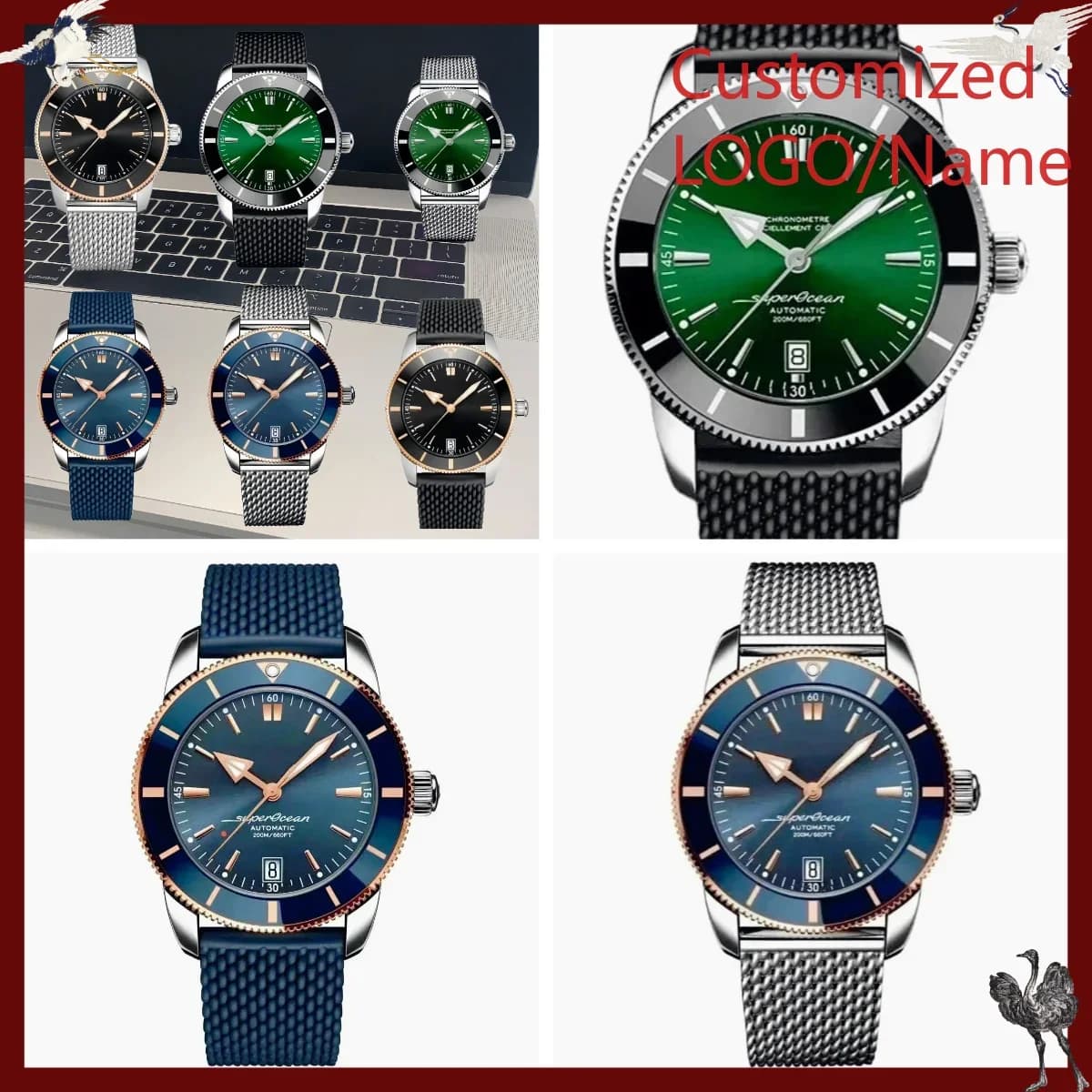 A1212 Store Customized Watches 46mm Sport Automatic Mechanical Watch for Men, Rose Gold Case, Black and Blue Rubber Strap