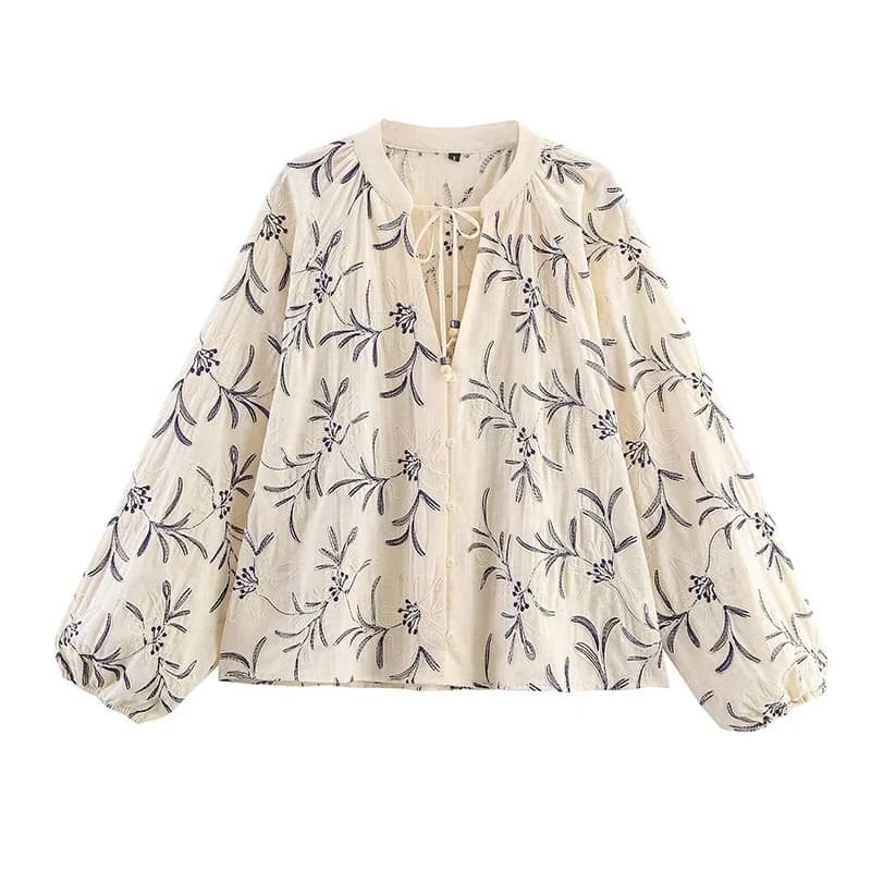 YENKYE 2025 Camicetta autunnale da donna con bottoni sul davanti, manica lunga, scollo a V, camicia casual con ricamo allentato