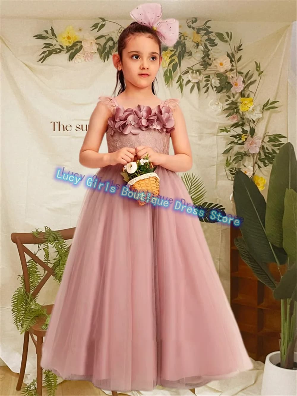 Bellissimo abito da ragazza di fiore rosa senza maniche in tulle per abiti da ballo di nozze Abiti da sera per feste di compleanno per bambini della piccola principessa