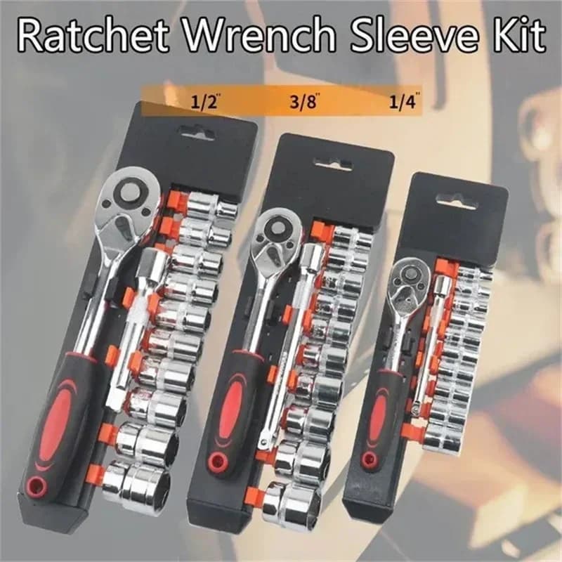 Set di 12 Chiavi a Bussola con Cricchetto 1/4 3/8 1/2, Kit con Asta di Prolunga e 10 Bussole Comuni, Attrezzi Manuali per Riparazione Auto