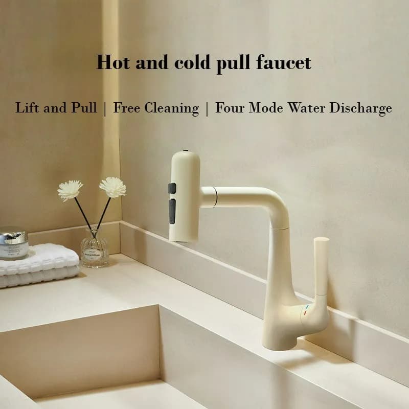 Rubinetto a Cascata Effetto Pioggia, Miscelatore per Lavabo Bagno in Rame con Doccetta Estraibile e Regolazione Acqua Calda e Fredda