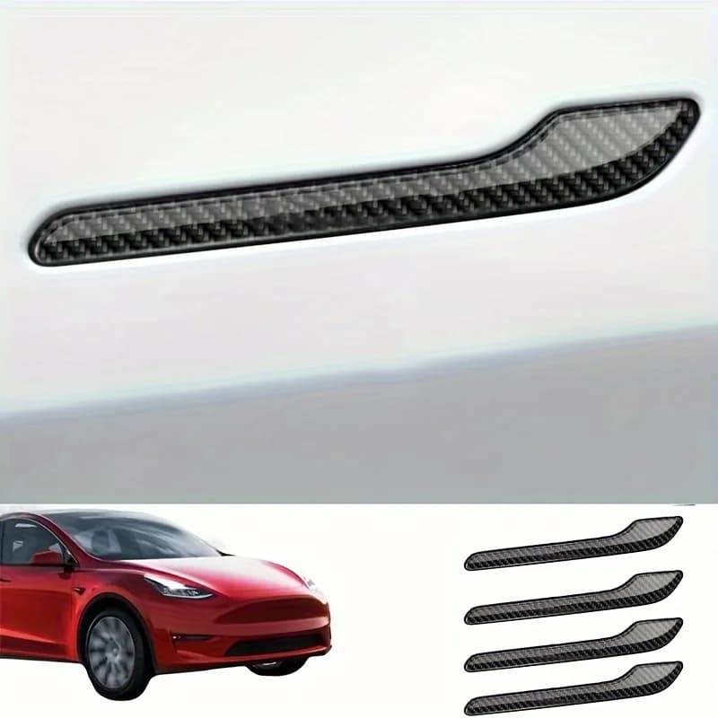 Black Carbon Fiber Door Handle Cover Set for Tesla Model 3 and Y - Anti-scratch tape with Amagi gloss finish