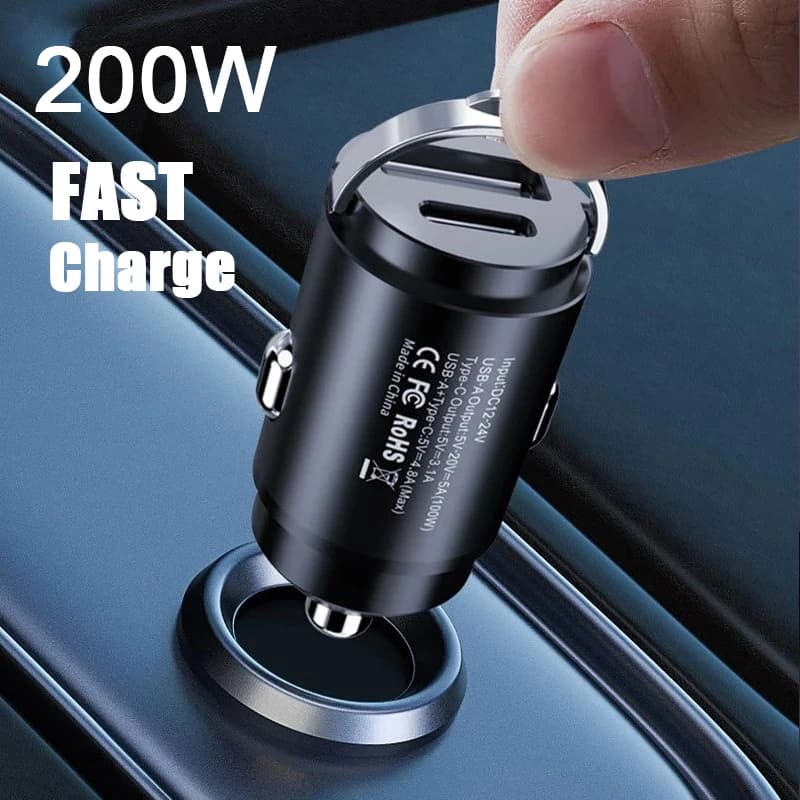 USB Charger for Car 200 W Super Charge USB-A USB-C Power Adapter for Hidden Phone Charger