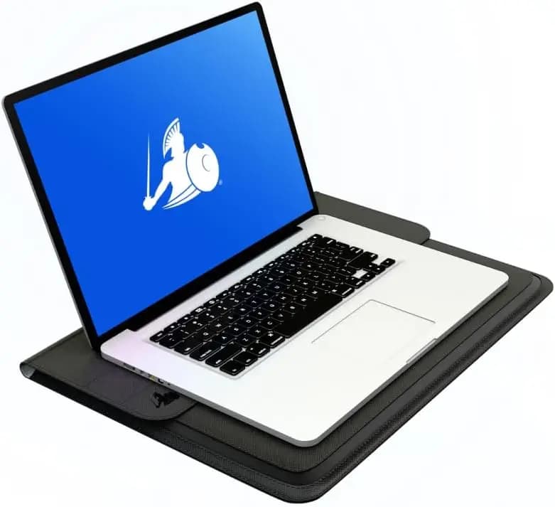 Custodia sottile per laptop da 15 pollici con schermatura multi-strato per segnali wireless, in pelle vegana con supporto integrato e chiusura a patta
