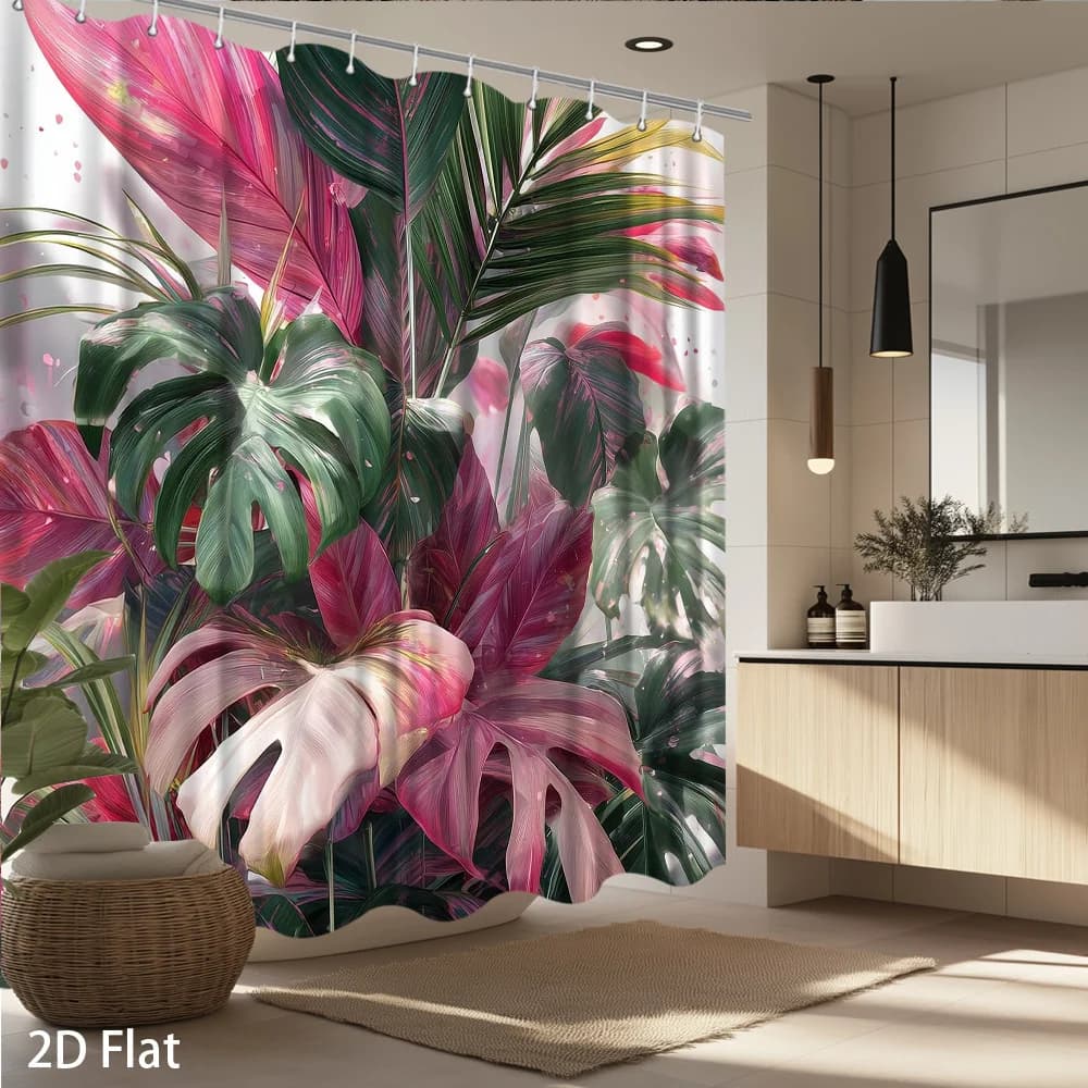 1 tenda da doccia con piante tropicali - Monstera e foglie di palma, fogliame rosa-verde, stampa 2D, lavabile in lavatrice con ganci