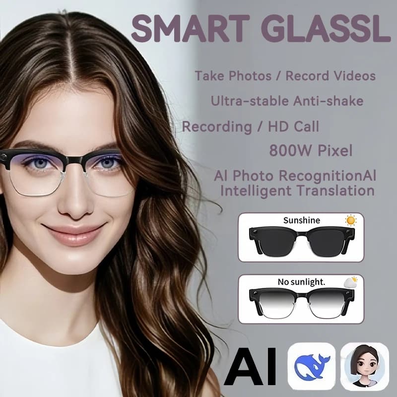 2026New 800W AI Smart Glasses Camera AI Translation Voice Bluetooth Call WiFi 4K HD Waterproof Anti Blue Light Man Women Glasses