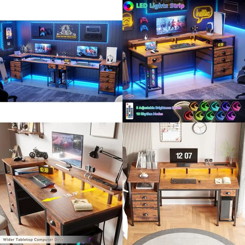 Desk Rustica Marrone 60 with Cabinet, Shelves, LED Lights, Monitor Support, Current Grips, Studio and Gaming Table