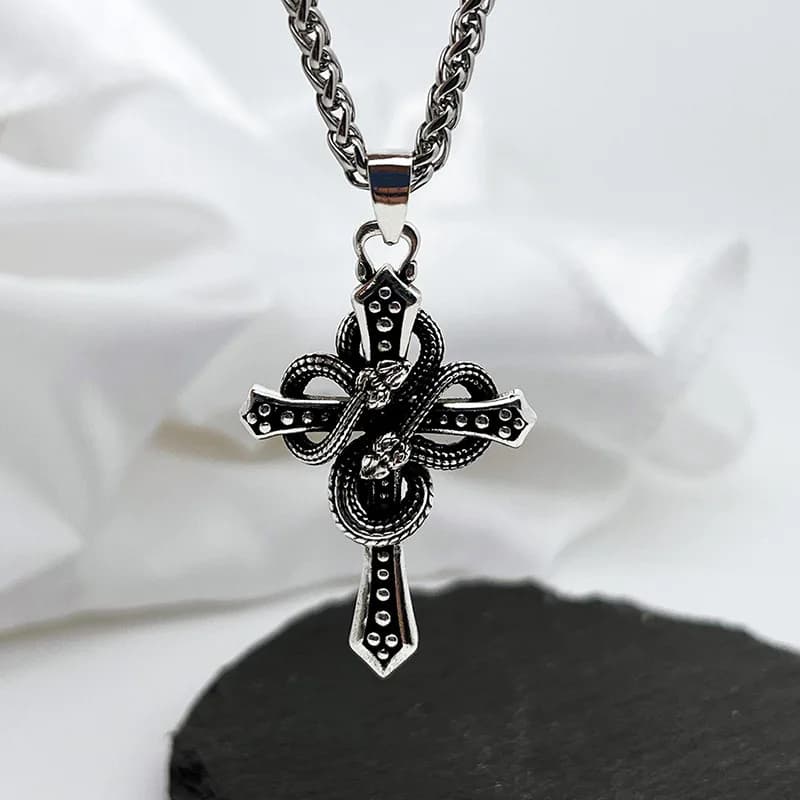 Vintage Two Tone Snake Wrapped Thorn Cross Pendant Necklace For Men Hip Hop Lucky Auspicious Blessing Gothic Long Sweater Chain