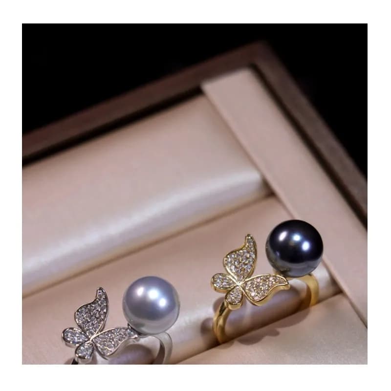 Wind Trend High-end Sense Simple Pearl Opening Ring Korean Version Light Luxury Super Fairy Zircon Micro-inlaid Butterfly Ring