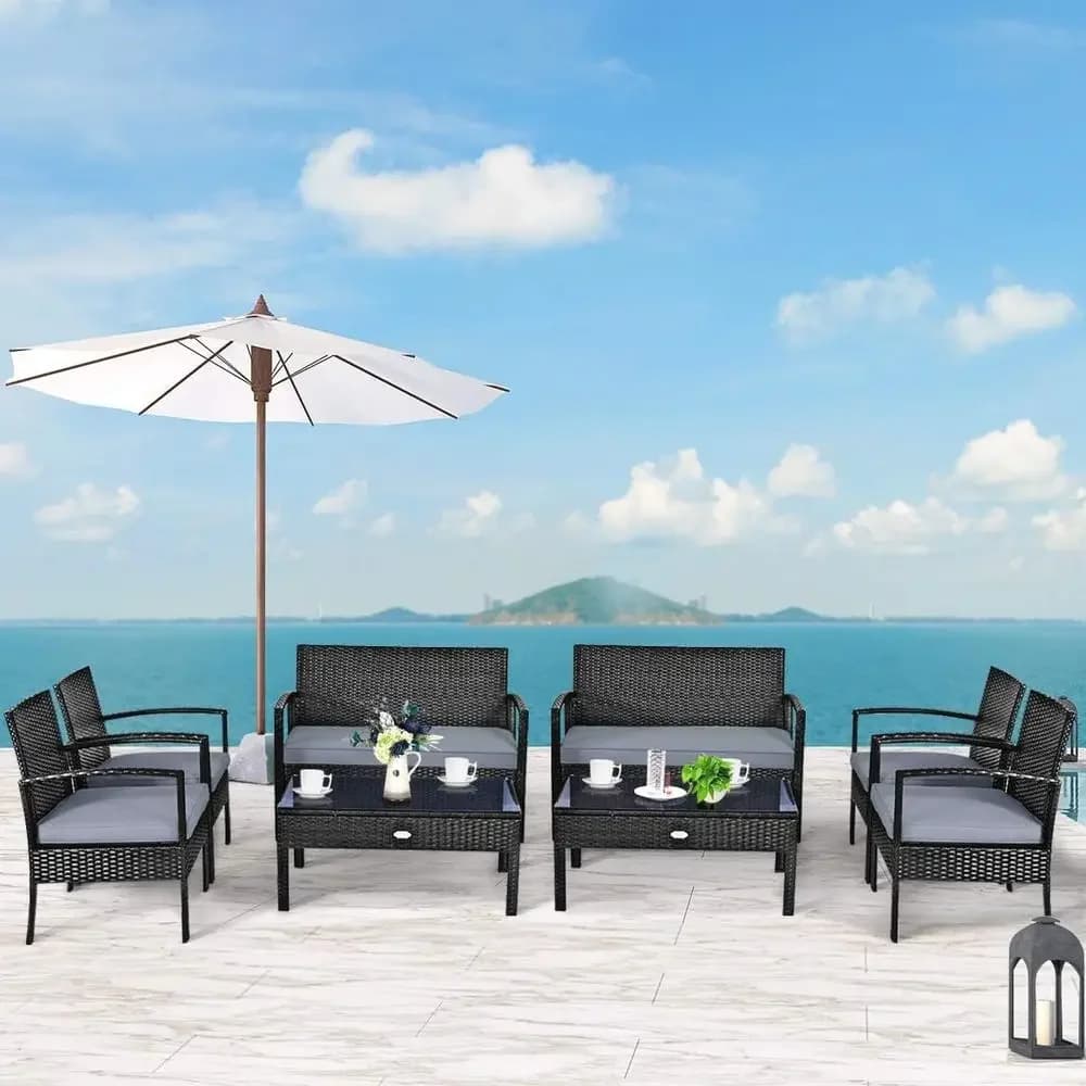 Set di mobili da giardino da 8 pezzi con sedie in vimini, cuscini grigi e tavolo in vetro temperato per giardino, balcone o veranda