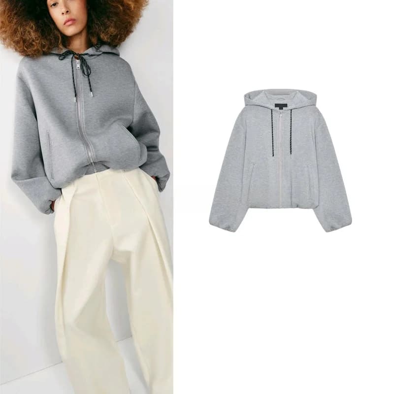 Spring Summer New Women's Double Pocket Trimmed Flounce Layered Hooded Pilot Jacket Sweatshirt Loose Fit Short Length