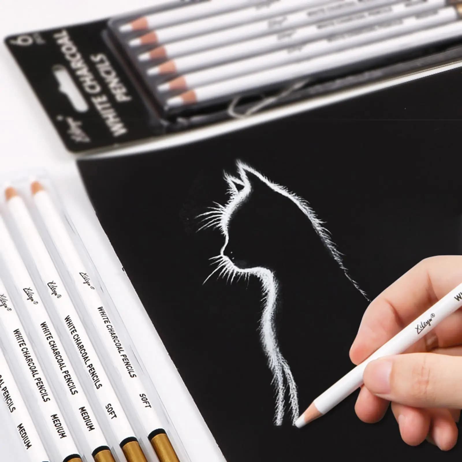 Bright Charcoal Pencils Sketching Soft and Medium 4mm 6 Pcs Professional White Sketching Pens for Studio Drawer Artists Adults