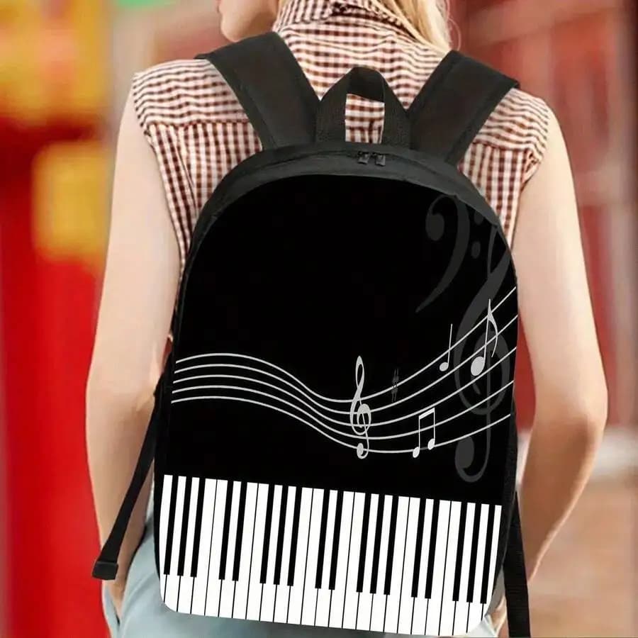 17 Inch Piano Keyboard Print Backpack Laptop Bag With Water Bottle Holder Lightweight Durable Unisex Casual Backpack