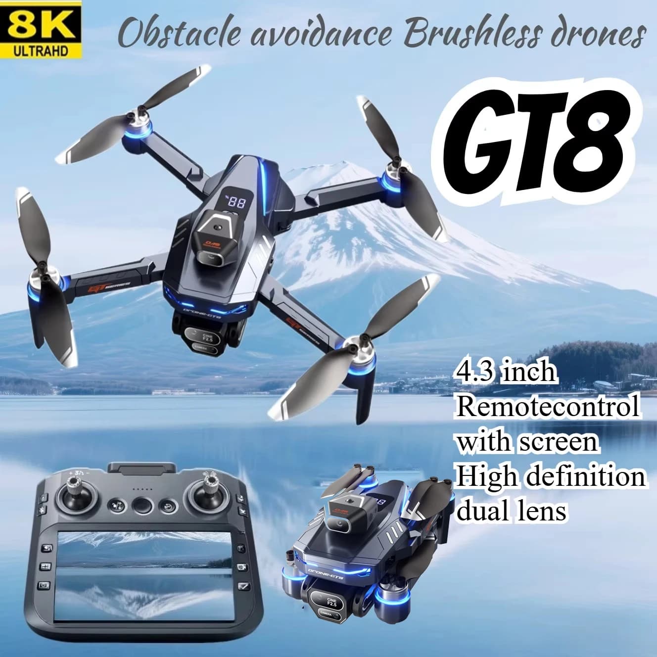 Drone GT8 originale con doppia fotocamera 8K HD per fotografia aerea, sistema anticollisione, ampio schermo e motore brushless a quattro assi.