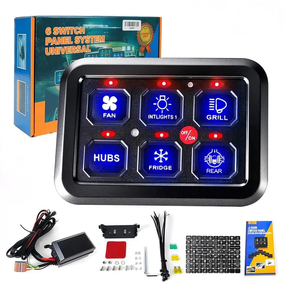 6 Gang Switch Panel with Automatic Dimmable On-Off LED Switch Pod Universal Circuit Control Relay System with Fuse Wiring Harnes
