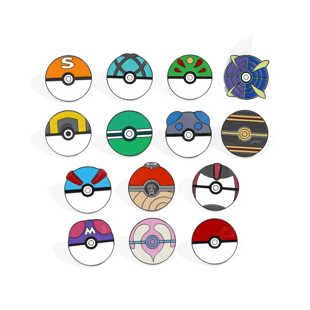 Set di 14 Spille Cartoon Minimaliste a Forma di Poké Ball, Badge in Metallo Smaltato per Zaini e Abbigliamento, Accessori Regalo
