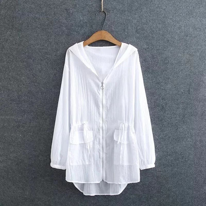 Plus Size abbigliamento donna giacca a maniche lunghe con cappuccio coulisse in vita cerniera Cardigan sottile abbigliamento di protezione solare di grandi dimensioni