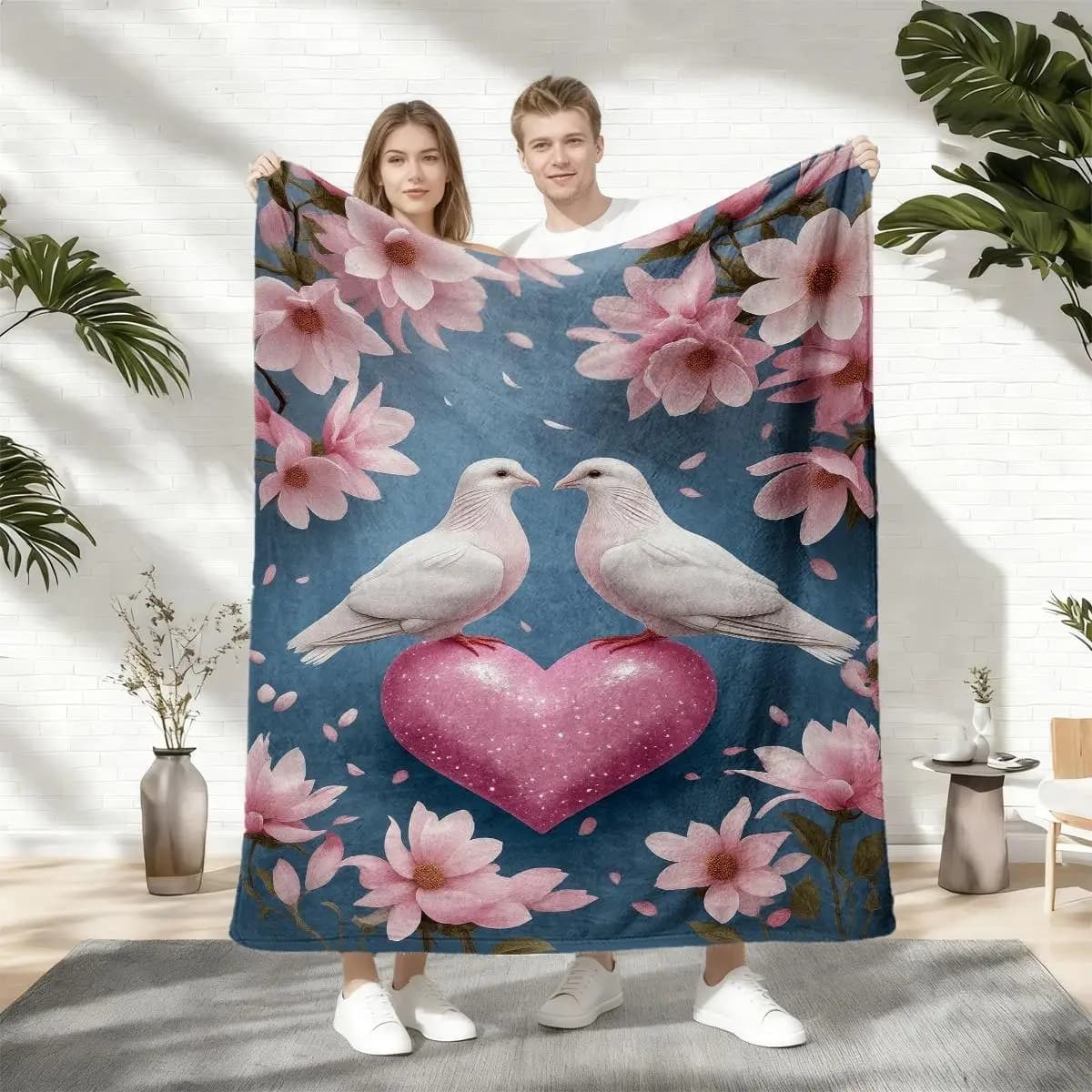 Pink heart-shaped floral pattern Flannel printed blanket suitable for all seasons suitable for living room office sofa travel