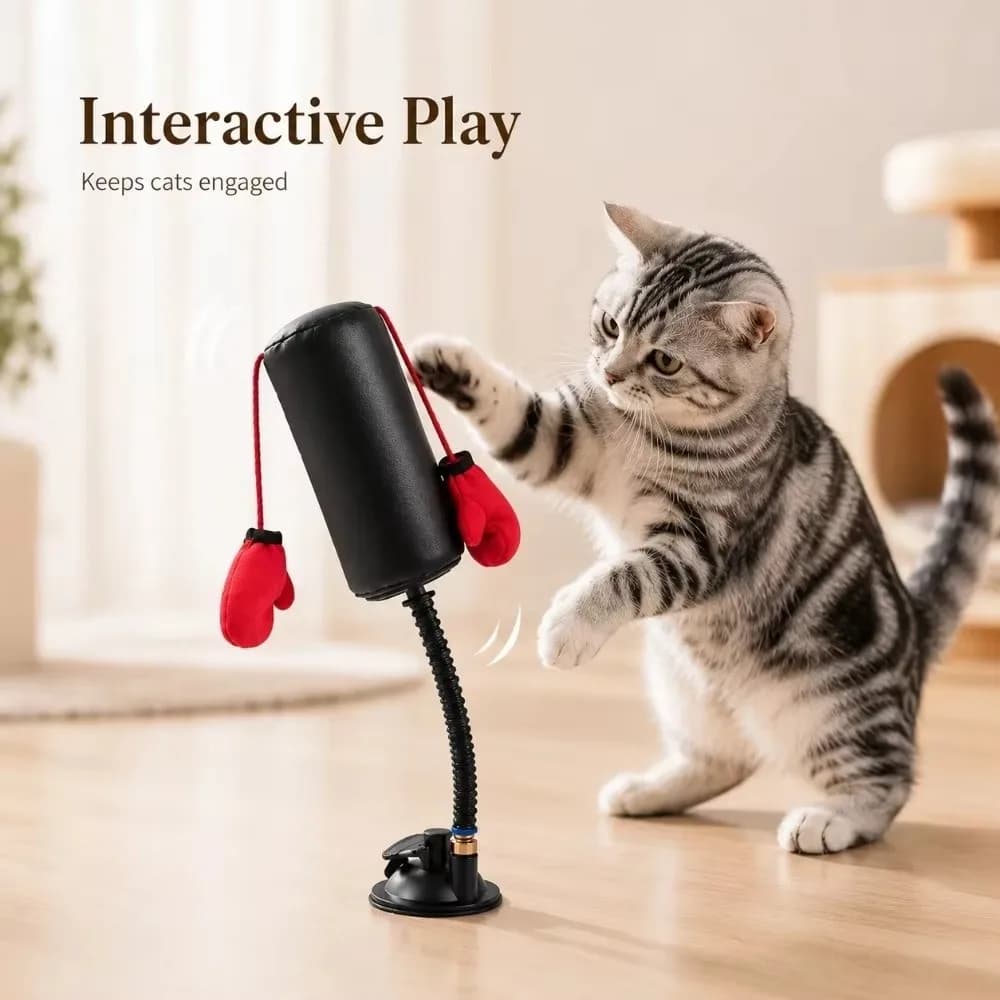 Suction Cup Base Cat Boxing Toy Self-standing Scratch Resistant Cat Punching Bag Spring Loaded Paw Punch Design