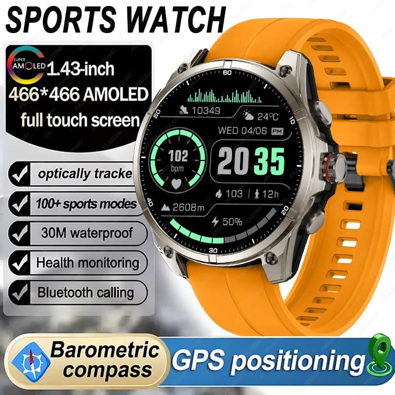 2025 Nuovo all'aperto GPS Smart Watch Display AMOLED Ultra HD Torcia a LED GPS integrato Chiamata BT 5ATM Braccialetto intelligente impermeabile da uomo